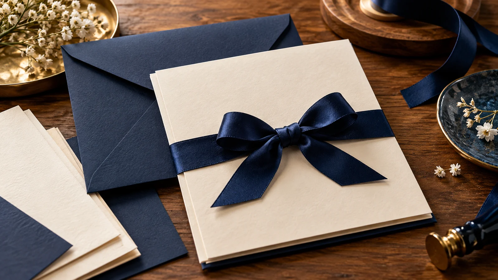 Convites impressos com envelopes e acabamentos sobre mesa (ilustração)