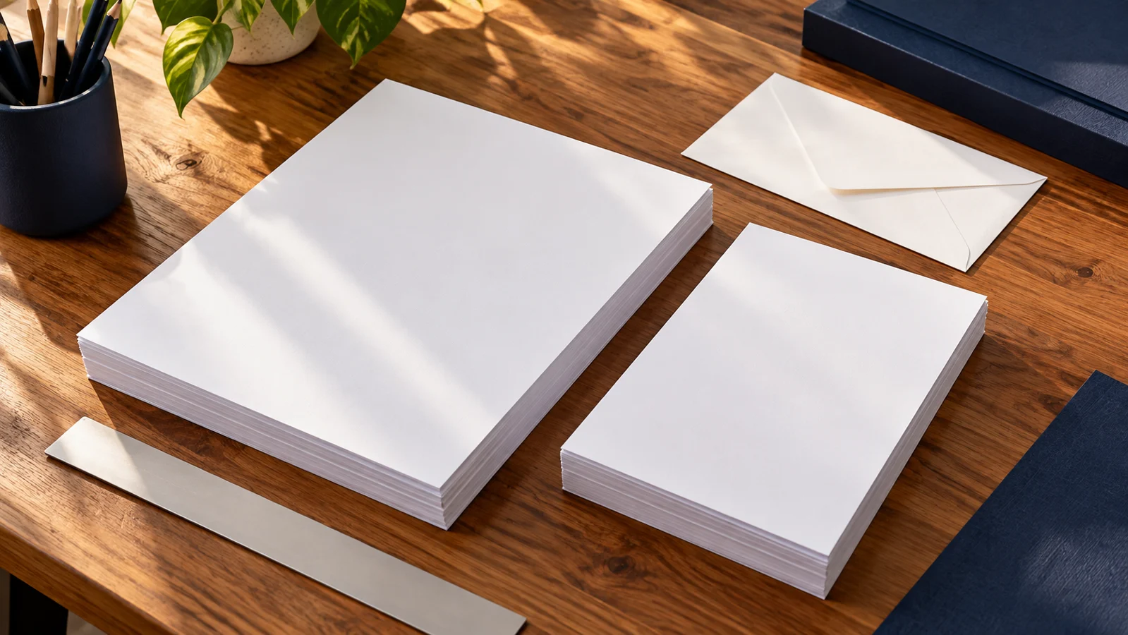Pilhas de folhas de papel em dois formatos sobre bancada, com régua e envelope