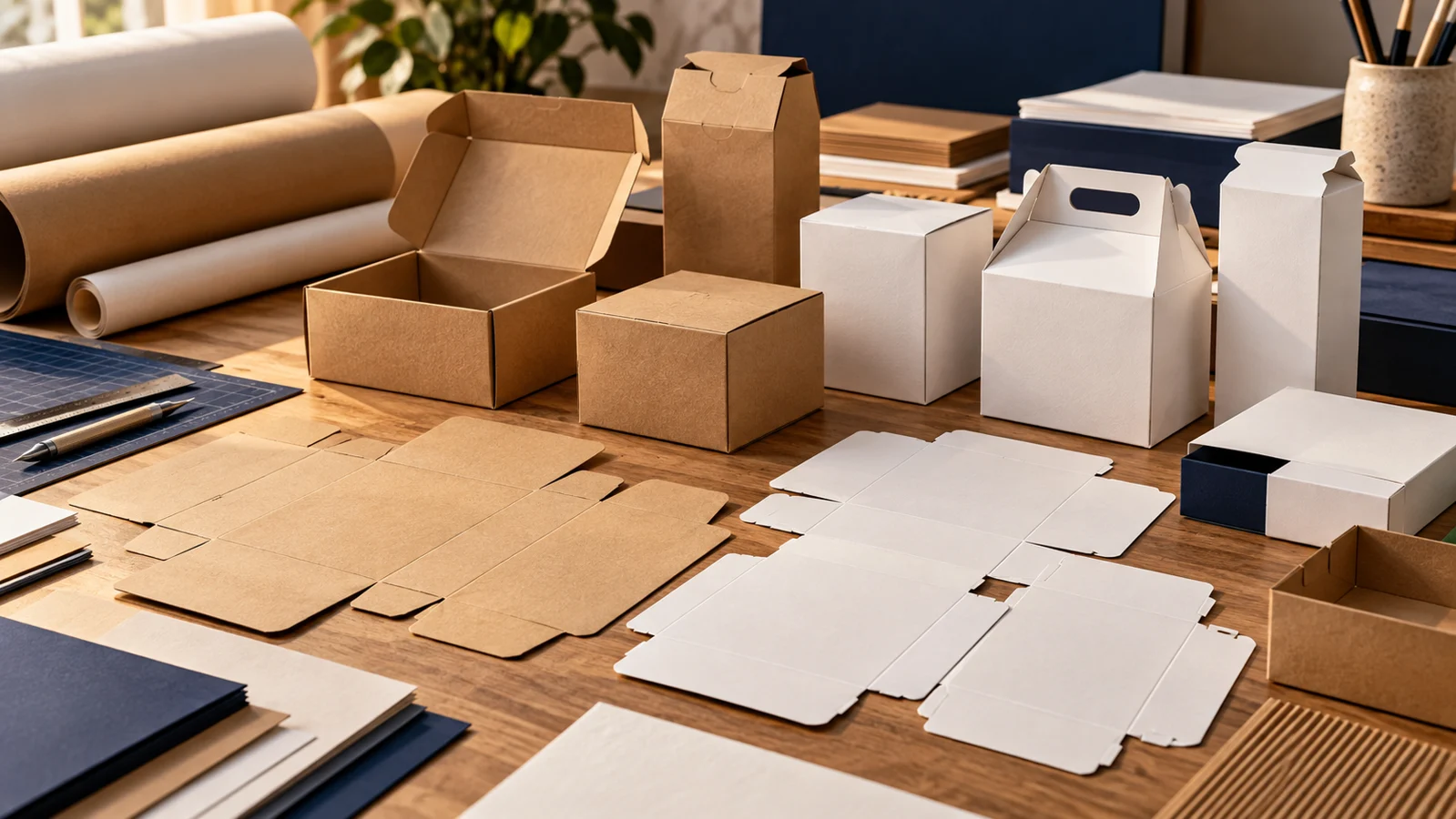 Caixinhas de papel kraft e cartão branco, montadas e planificadas (ilustração)