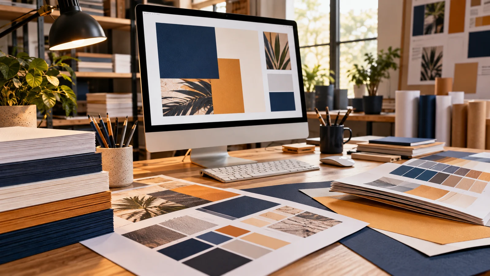Monitor com arquivo de layout e provas impressas sobre mesa (ilustração)