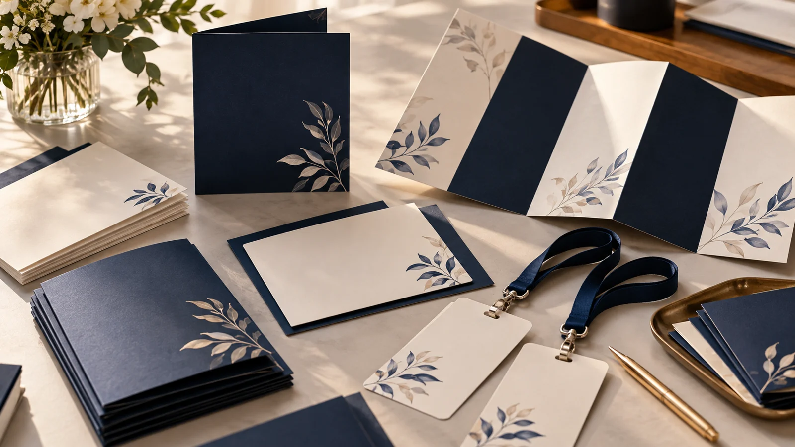 Convites, crachás e materiais impressos para evento sobre mesa (ilustração)