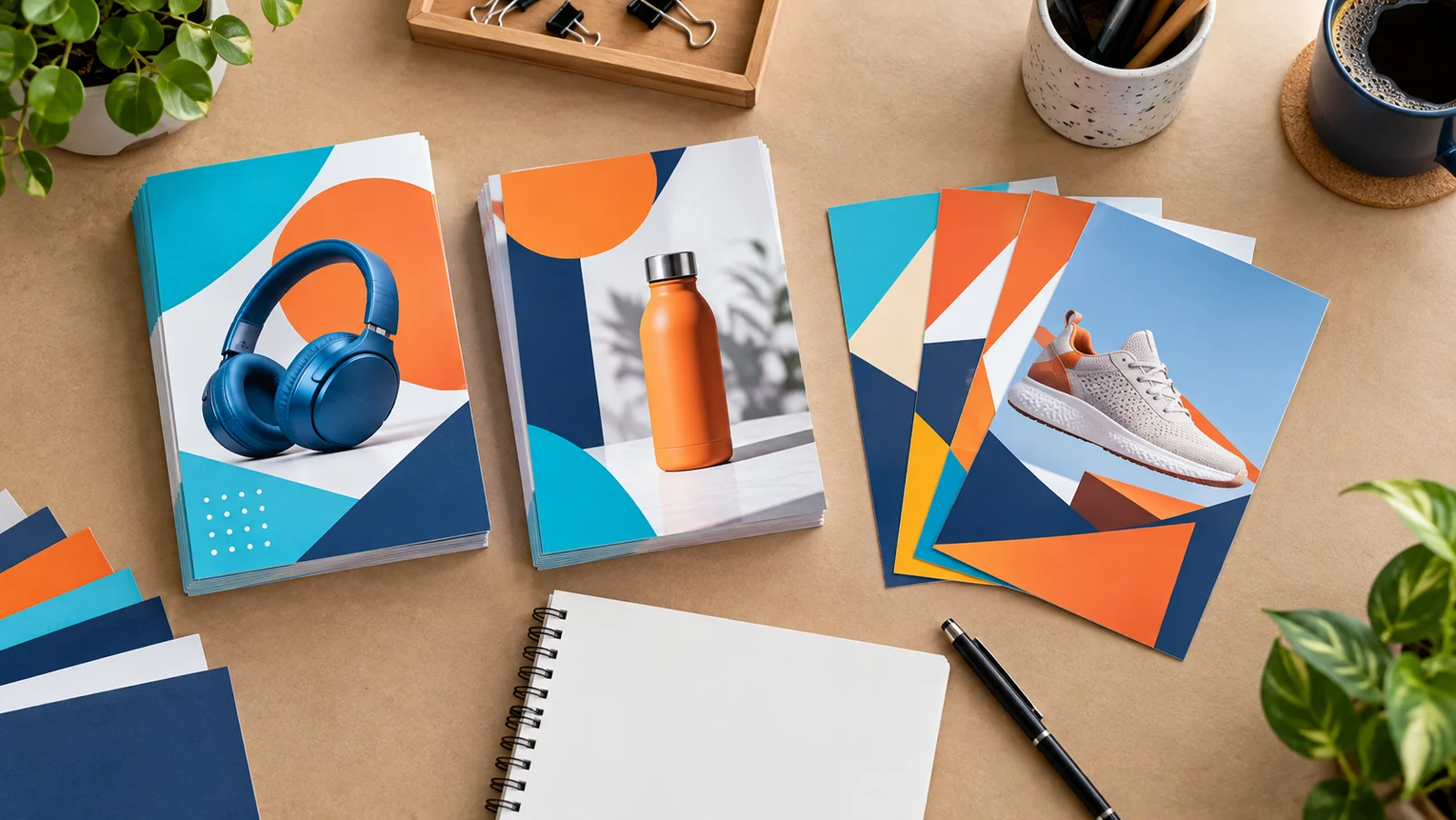 Panfletos coloridos espalhados sobre mesa de trabalho (ilustração)