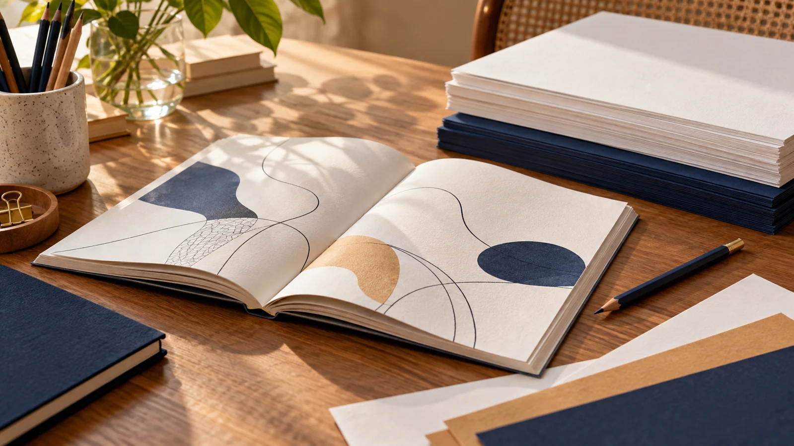 Caderno de leitura aberto e folhas de papel sobre mesa de trabalho (ilustração)
