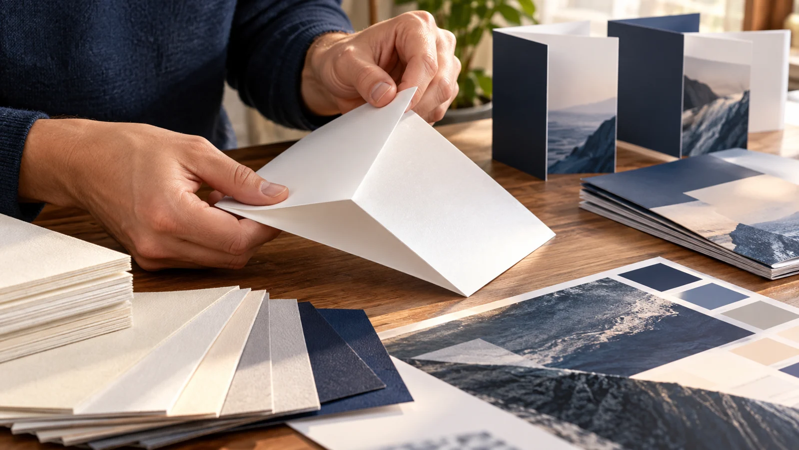 Mãos testando uma dobra em papel, com amostras de impressos sobre a bancada